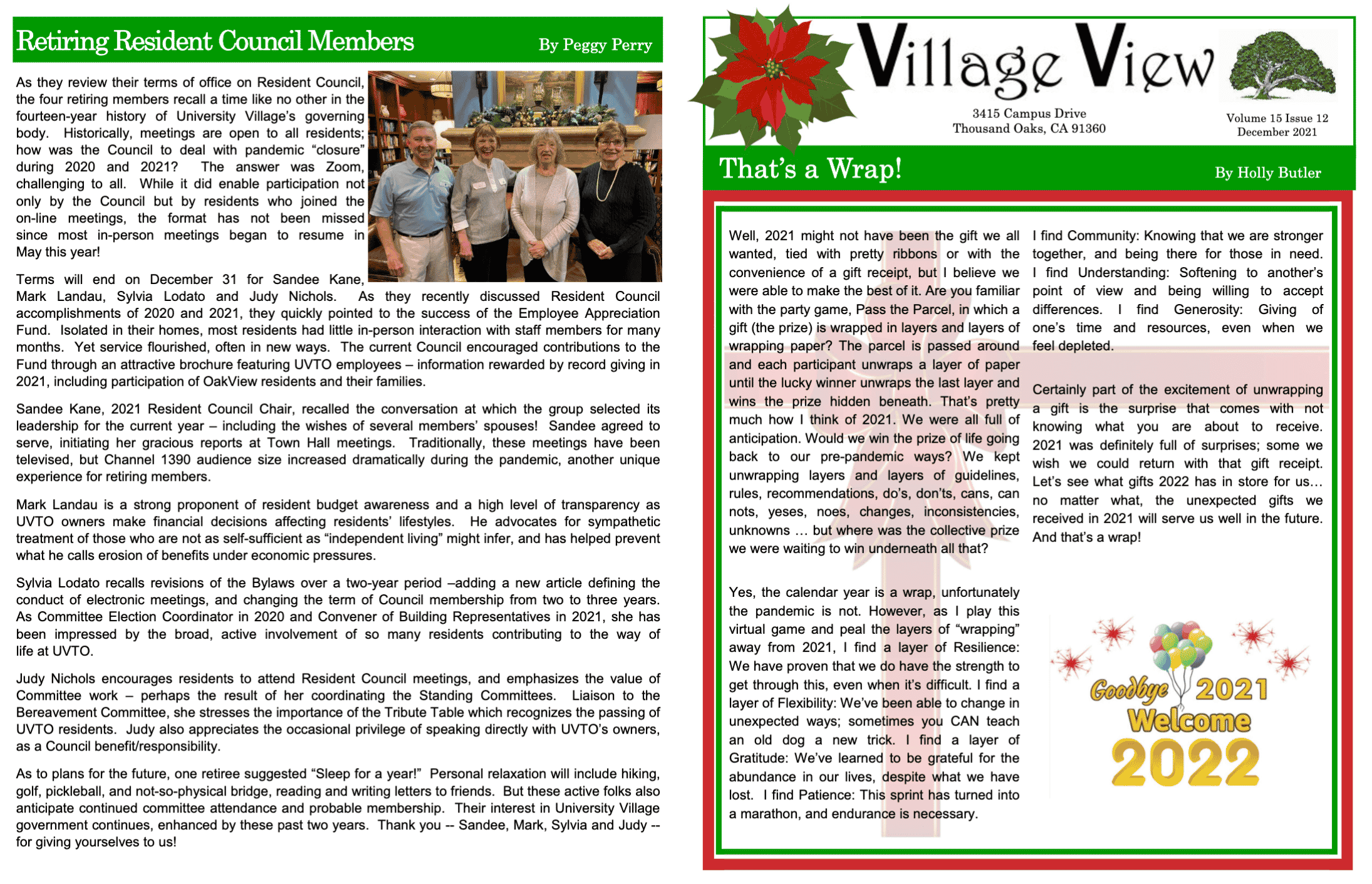 Village View Newsletter cover page for December 2021