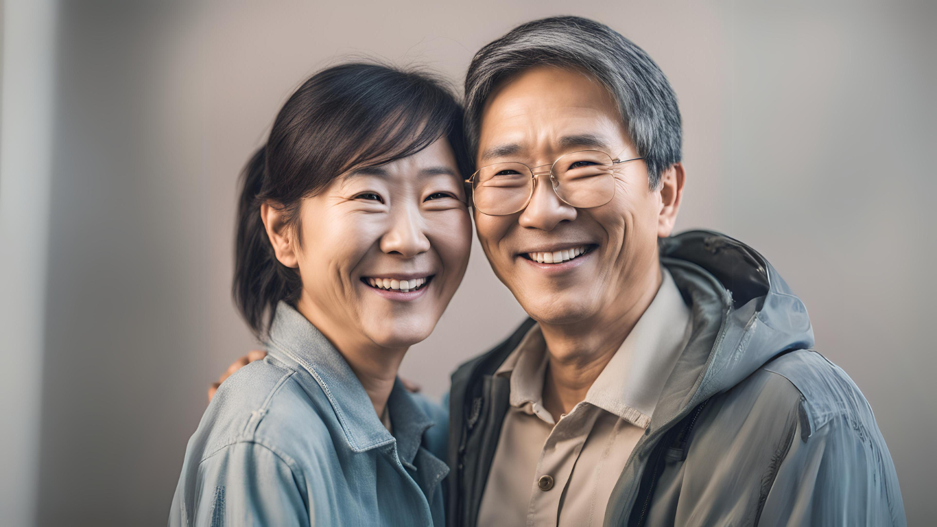 A senior man and woman sitting on a couch laughing together.