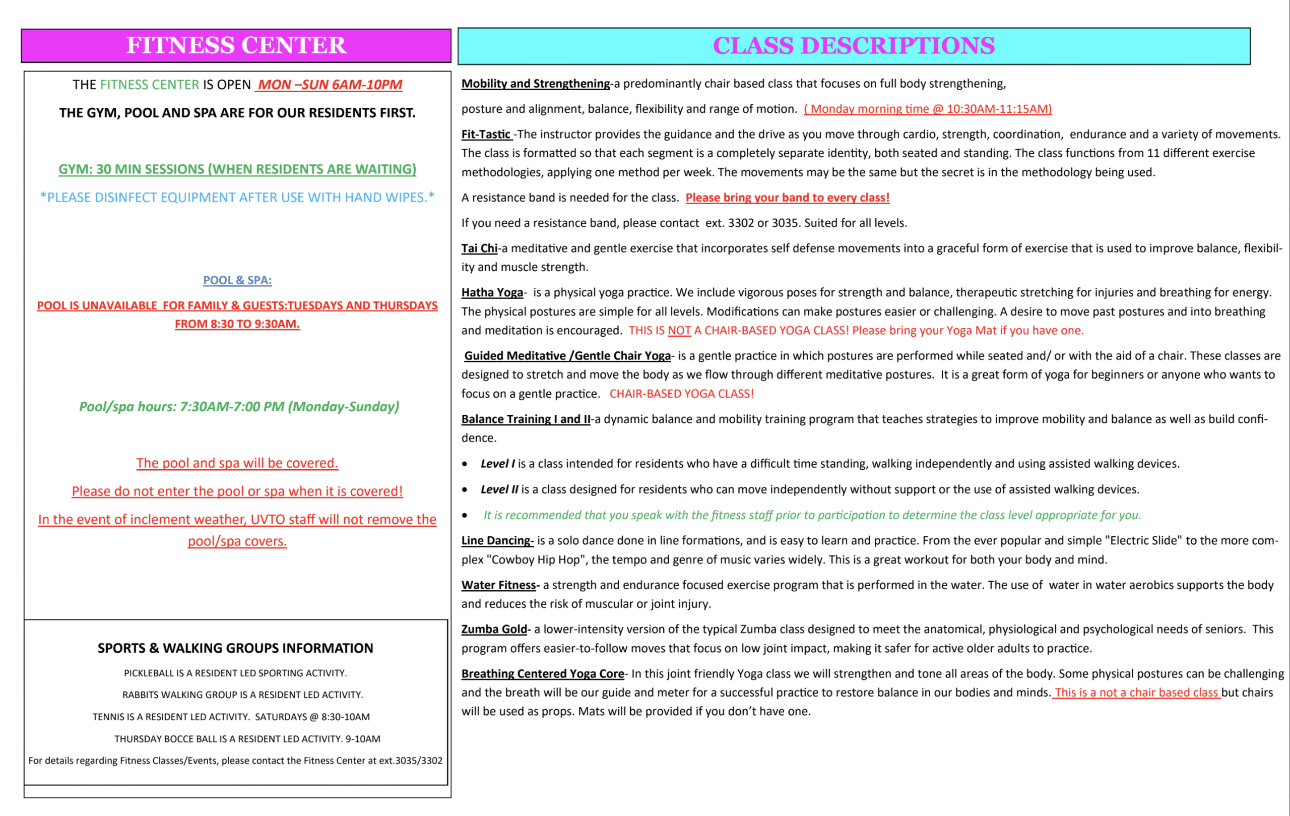 UVTO Fitness Class Schedule and Descriptions