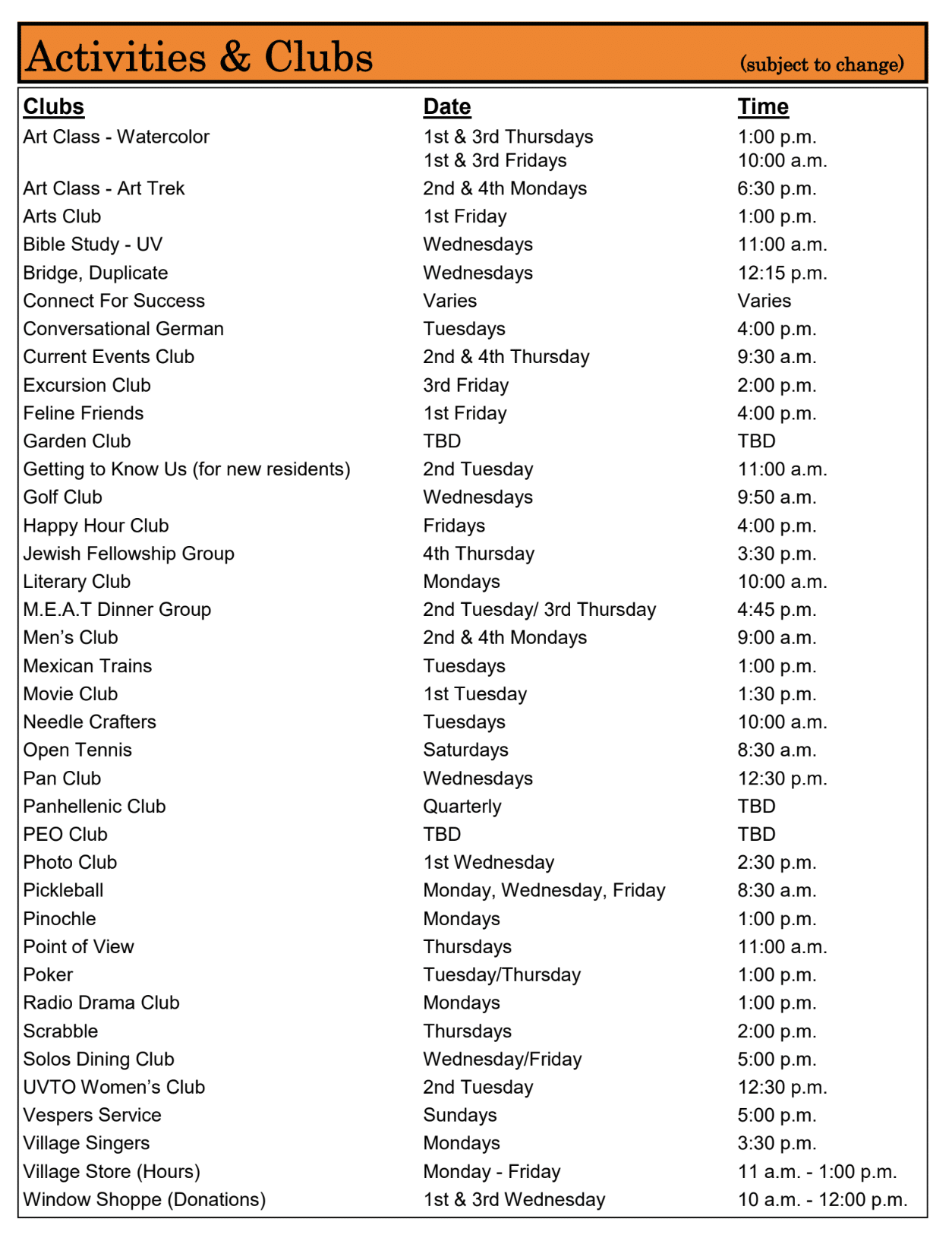 October socials and clubs